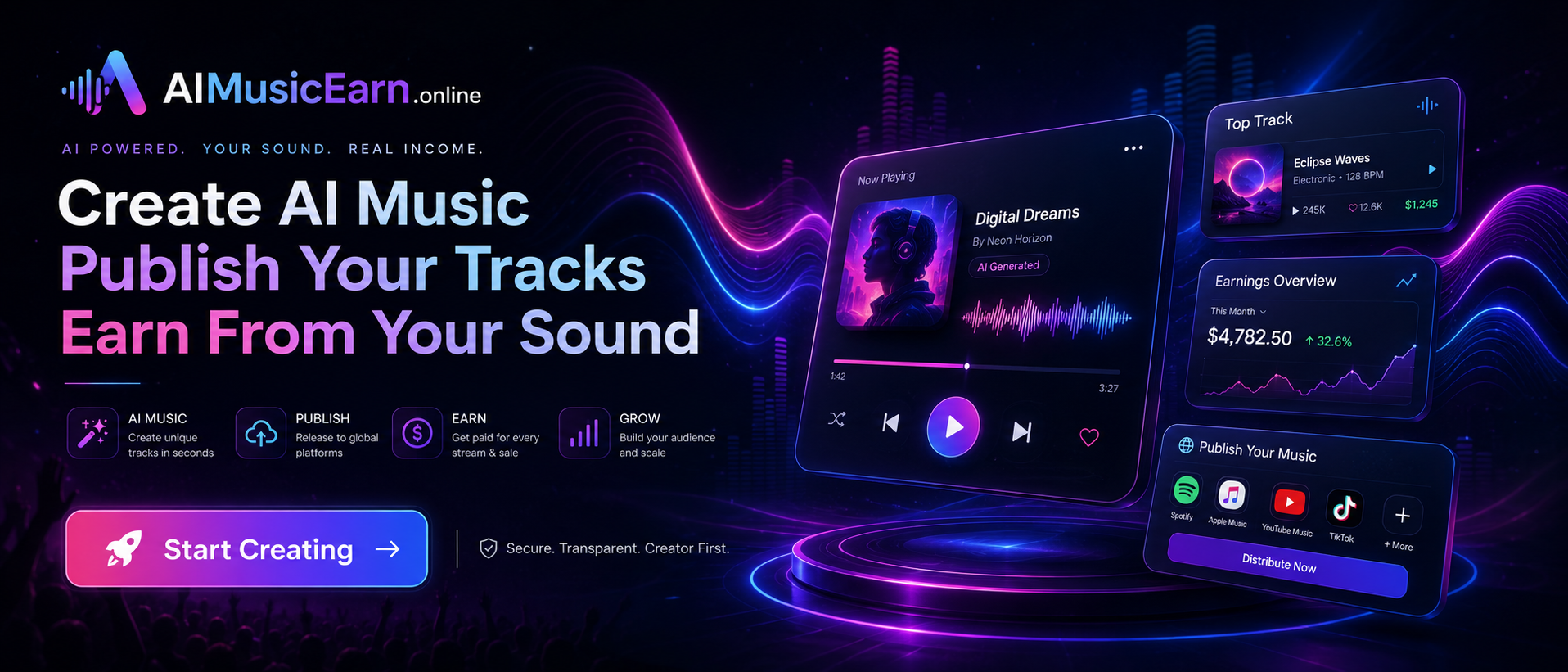Create AI Music, Publish Your Tracks and Earn From Your Sound